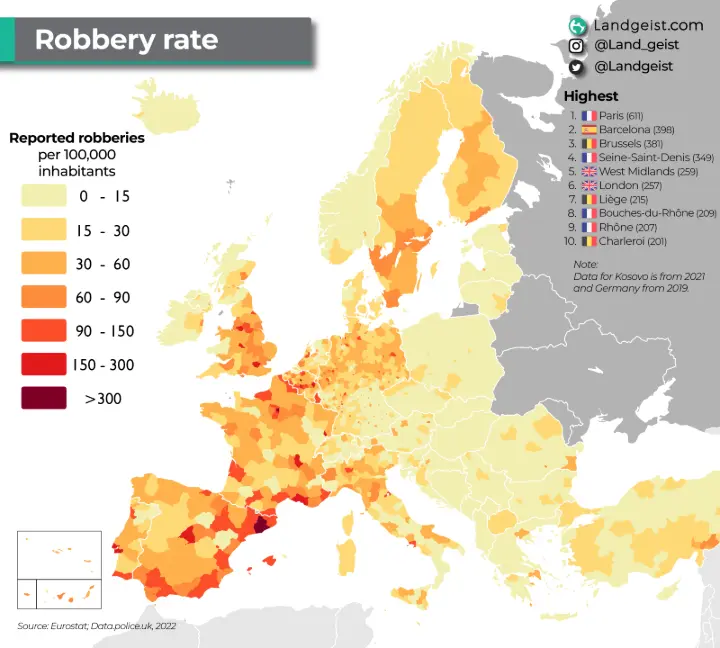Mapa de calor d'Europa que mostra les taxes de robatoris per regió (Font: Eurostat, 2002)